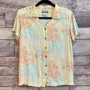 Columbia Aqua, Orange, Yellow Pastel Tropical Pattern Hawaiian Style Button Down